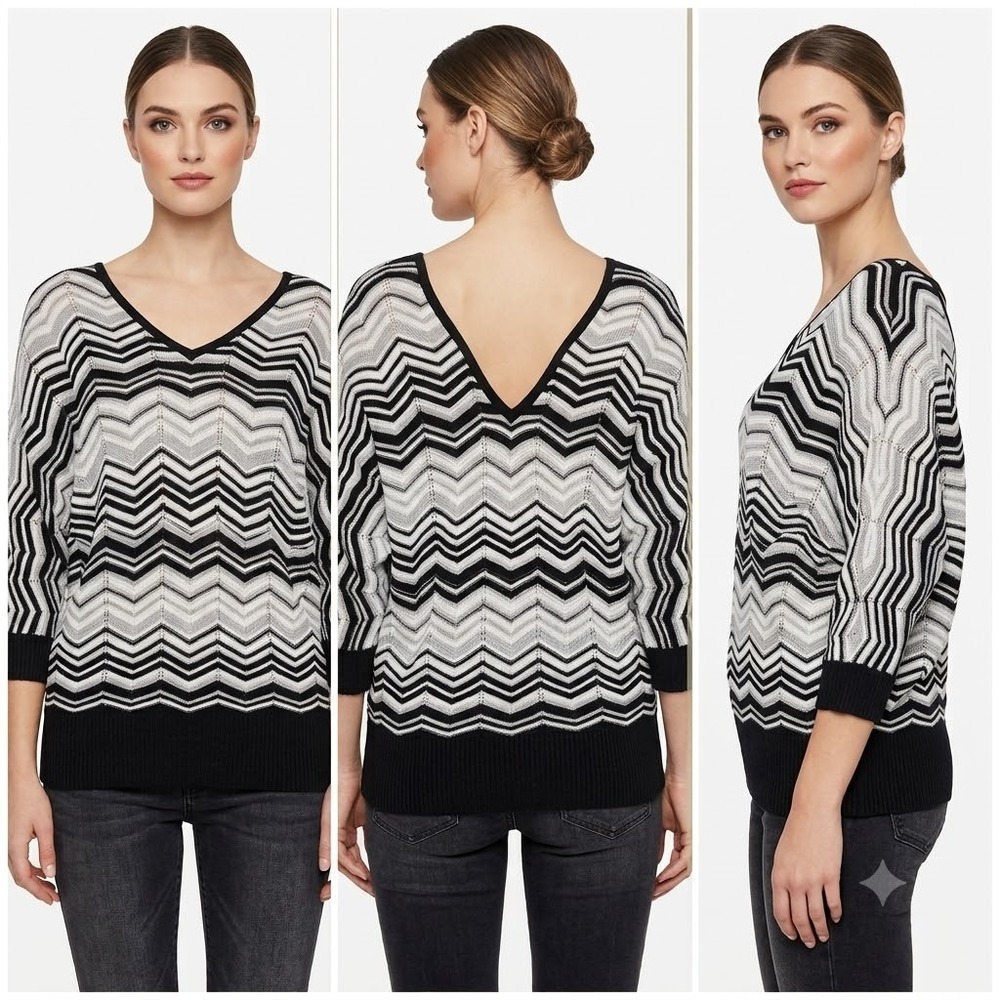 NWT New York & Company Pullover Sweater Womens L Black & White Chevron Print Y2K